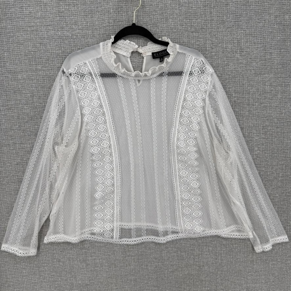 ELOQUII Blouse Womens 20 White Lace Ruffle High Neck Sheer Long Sleeve Button